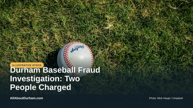 Illustrative stock photo: A baseball on grass at a field. Photo by Mick Haupt on Unsplash. Headline: Durham Baseball Fraud Investigation: Two People Charged. AllAboutDurham.com.