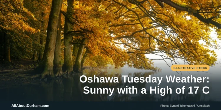 Illustrative stock photo: A lake surrounded by trees with yellow autumn leaves. Photo by Evgeni Tcherkasski on Unsplash. Headline: Oshawa Tuesday Weather: Sunny with a High of 17 C. AllAboutDurham.com.