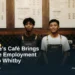 Illustrative stock photo: Two baristas smiling behind a counter. Photo by Vincent Leyva on Unsplash. Headline: Christine’s Café Brings Inclusive Employment Focus to Whitby. AllAboutDurham.com.