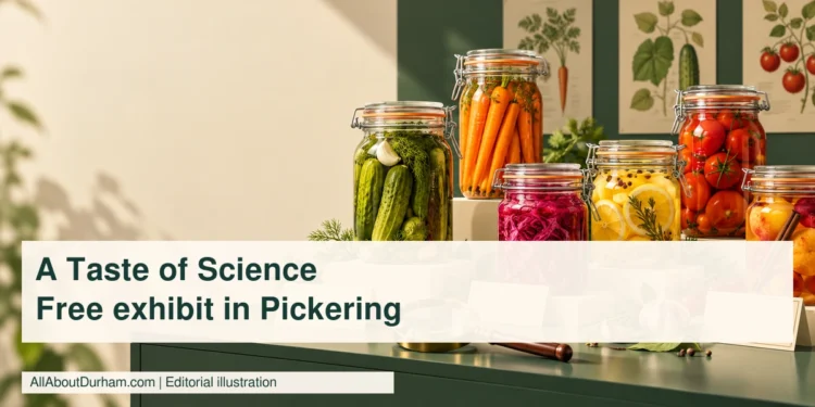 Editorial illustration: preserved food jars and a magnifying glass; not a photograph of the exhibition.
