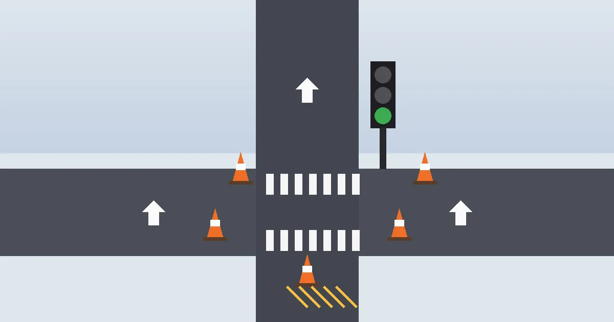Illustration: a stylized road intersection with lane arrows, a traffic signal, crosswalks and orange construction cones.