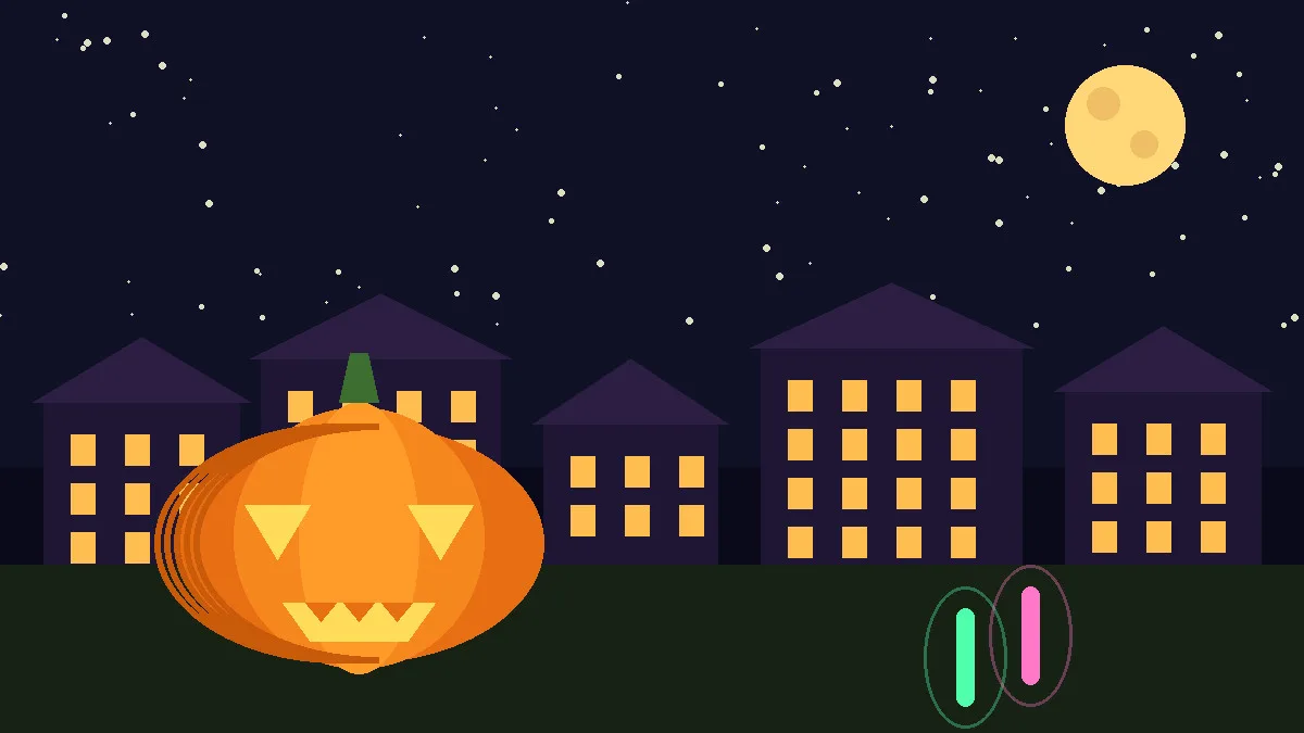 Illustration: a glowing jack-o-lantern, neighbourhood houses with lit windows at night, and two glow sticks, evoking Halloween fire safety.