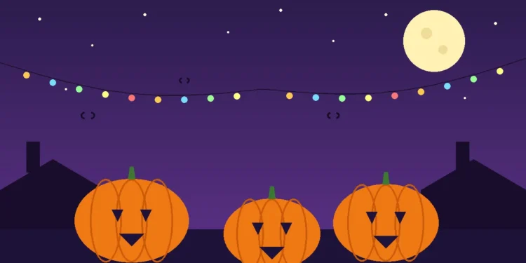 Illustration: carved pumpkins under string lights and a full moon on a Halloween night.