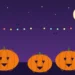 Illustration: carved pumpkins under string lights and a full moon on a Halloween night.