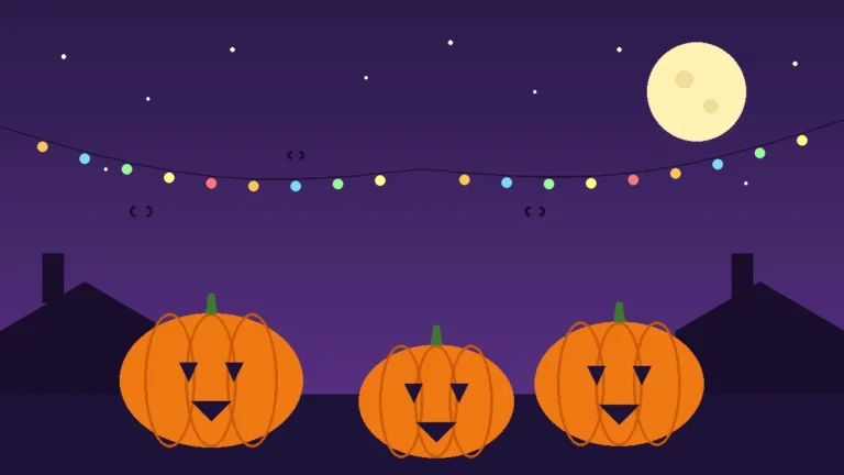 Illustration: carved pumpkins under string lights and a full moon on a Halloween night.