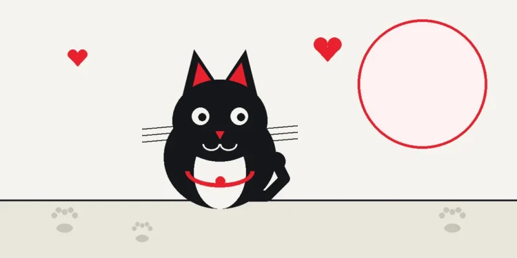 Illustration: a black cat with a red collar sitting beside paw prints and hearts.