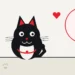 Illustration: a black cat with a red collar sitting beside paw prints and hearts.