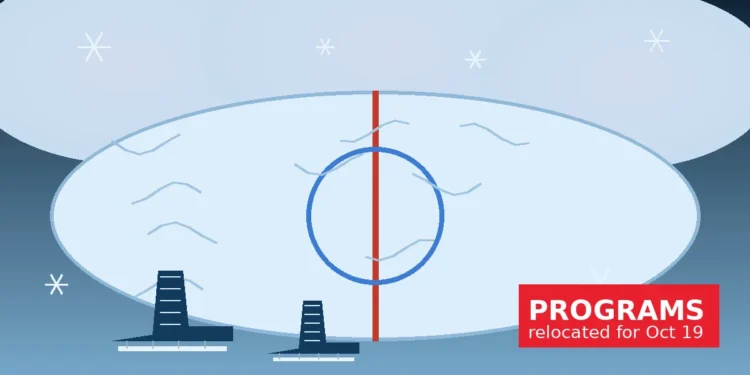 Illustration: a stylized ice rink with skate trails and two ice skates, with a banner noting programs relocated for October 19.