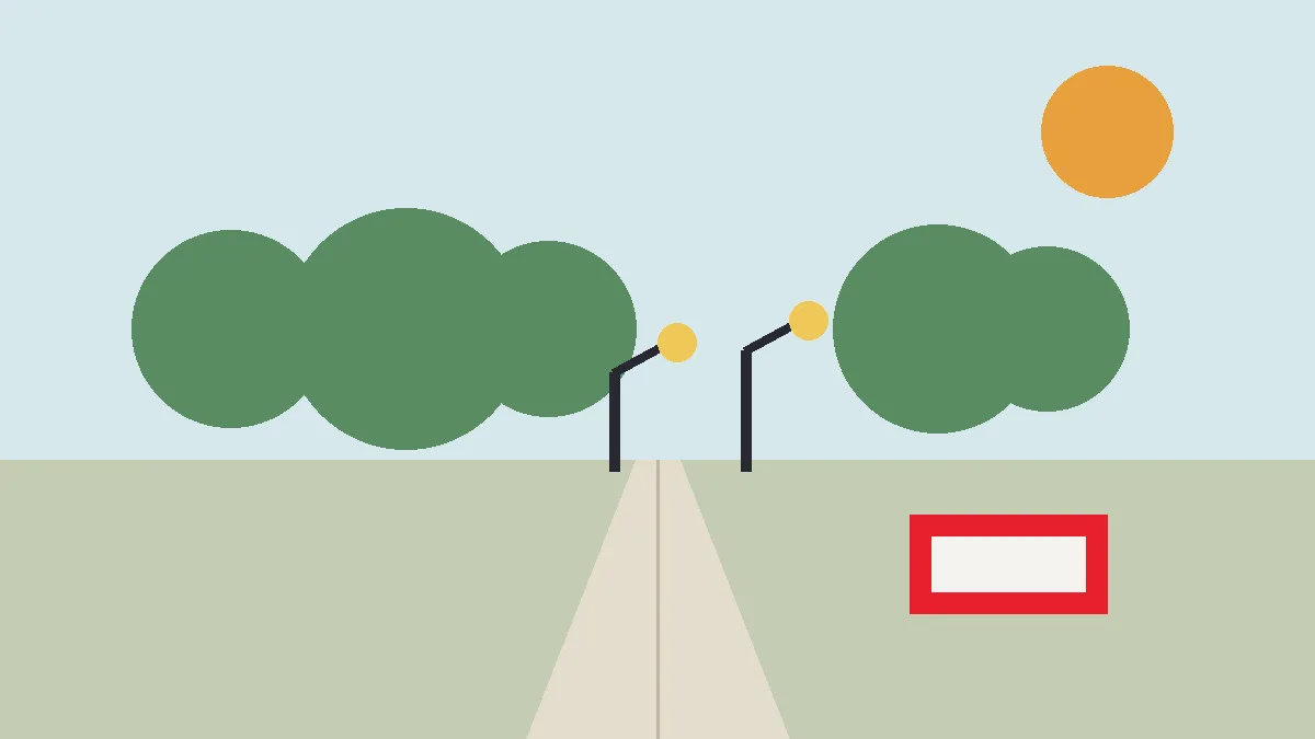 Illustration: a park walkway with lamp posts and a red closure barrier.
