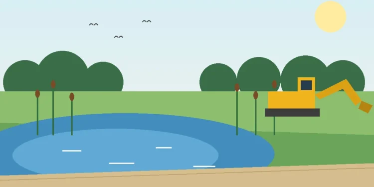 Illustration: a stormwater pond with cattails beside a trail, and a yellow excavator on the bank doing maintenance work.