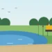 Illustration: a stormwater pond with cattails beside a trail, and a yellow excavator on the bank doing maintenance work.
