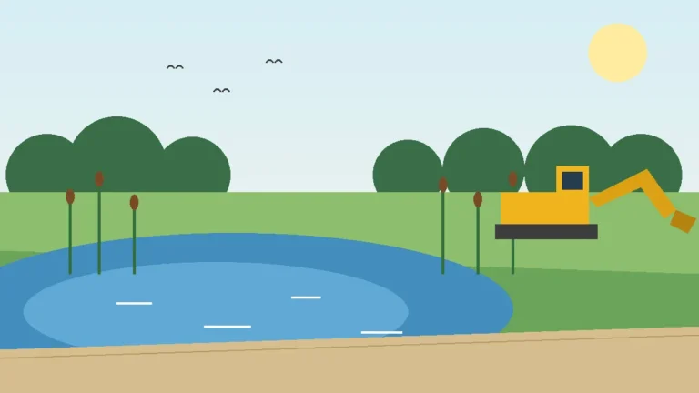 Illustration: a stormwater pond with cattails beside a trail, and a yellow excavator on the bank doing maintenance work.