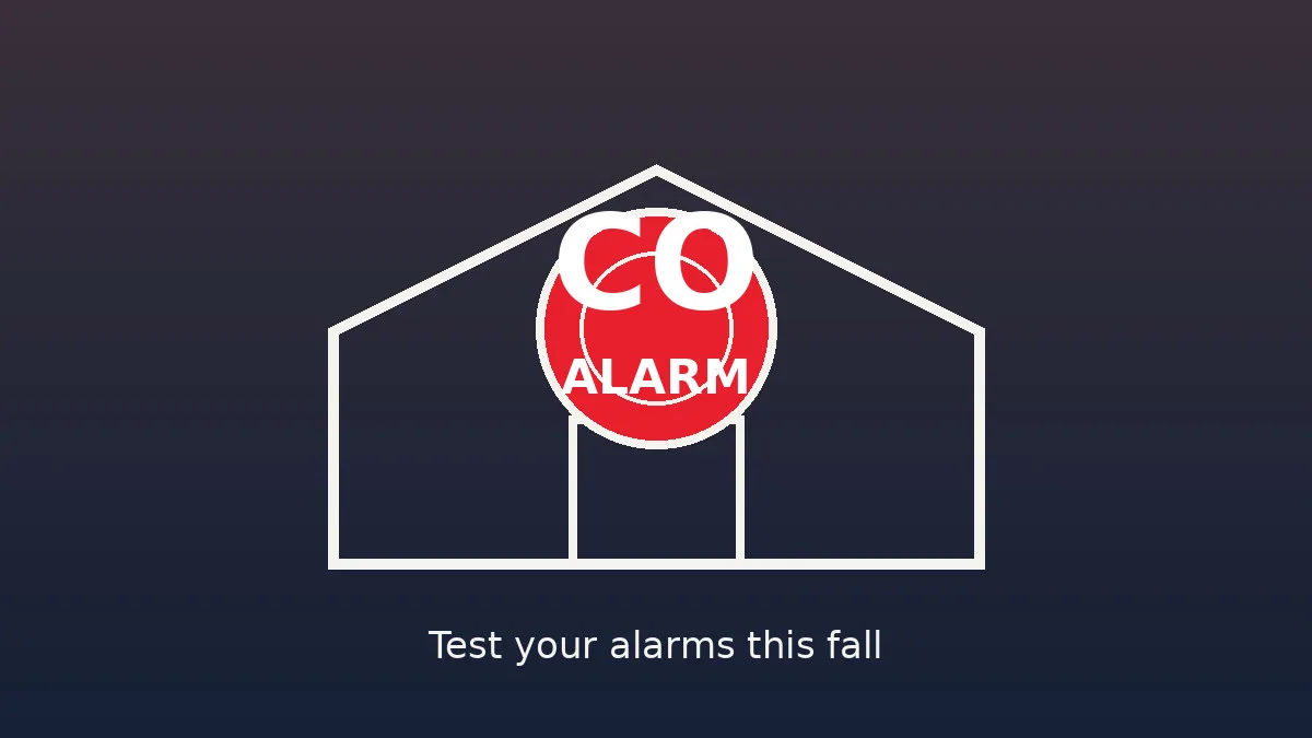 Illustration: a home with a wall-mounted carbon monoxide alarm marked CO, evoking alarm testing.