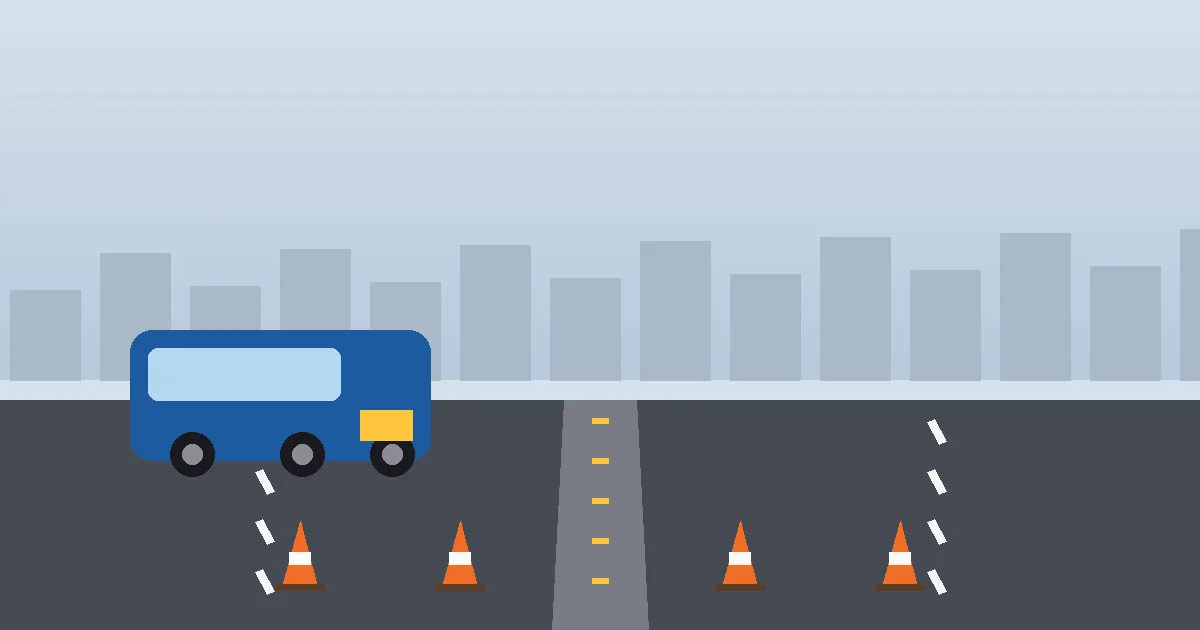 Illustration: a stylized bus beside a road under construction with lane markings, a centre median and orange traffic cones.