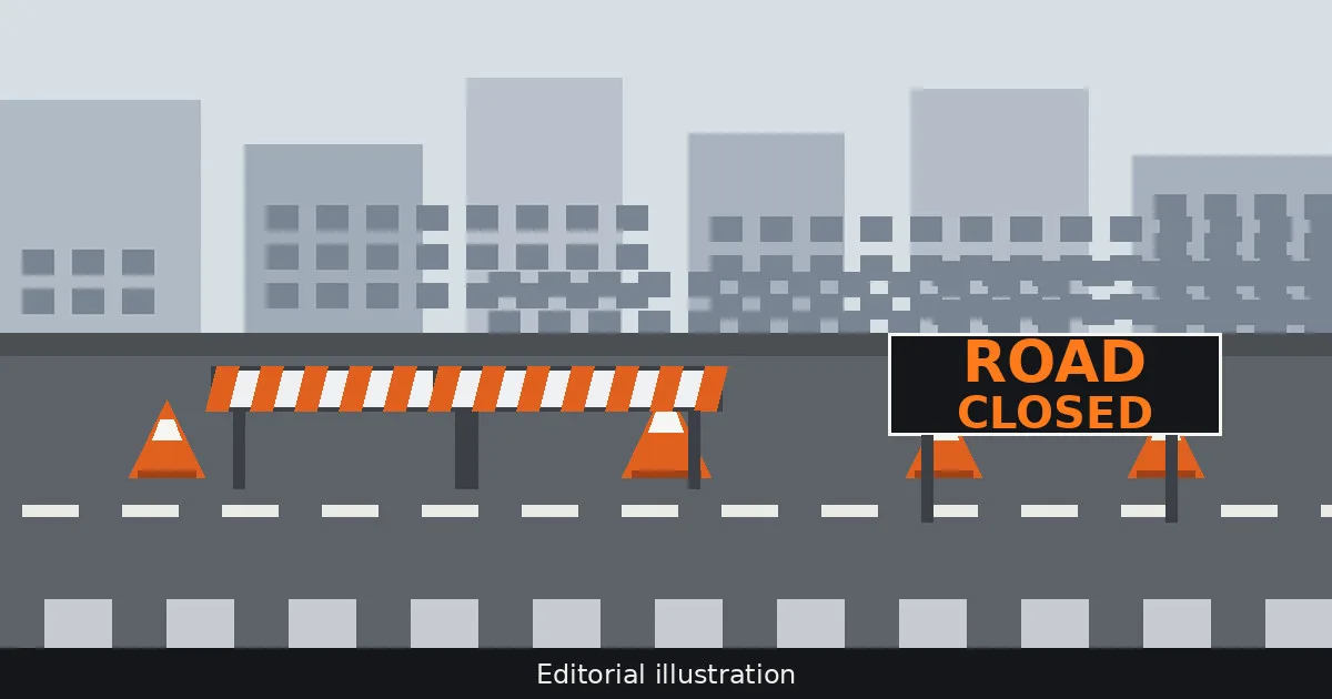 Illustration: an urban street blocked by orange-and-white construction barricades and traffic cones, with a ROAD CLOSED sign.