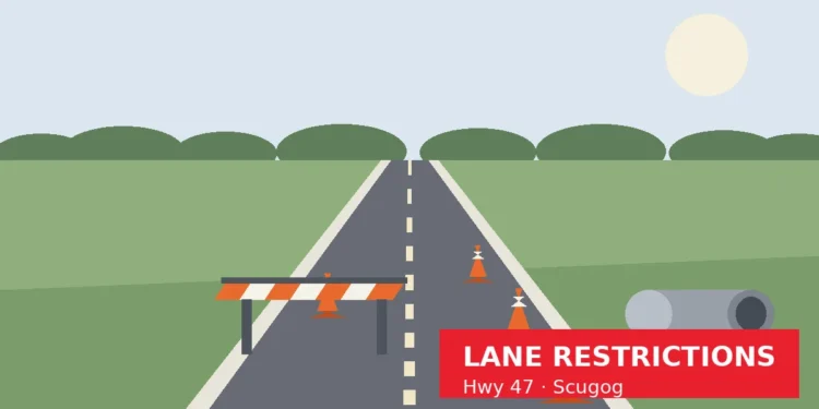 Illustration: a rural two-lane highway with traffic cones, a striped construction barricade, and a culvert pipe beside the road under a pale sky.