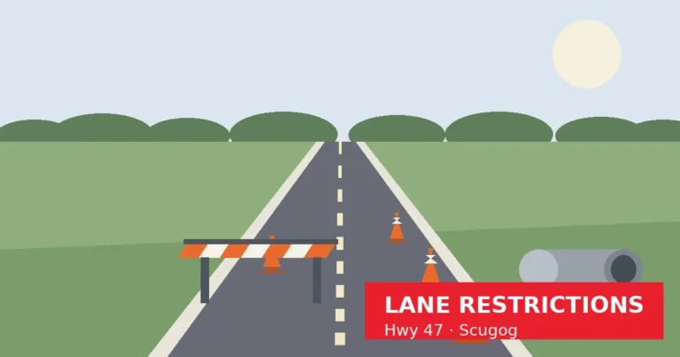 Illustration: a rural two-lane highway with traffic cones, a striped construction barricade, and a culvert pipe beside the road under a pale sky.