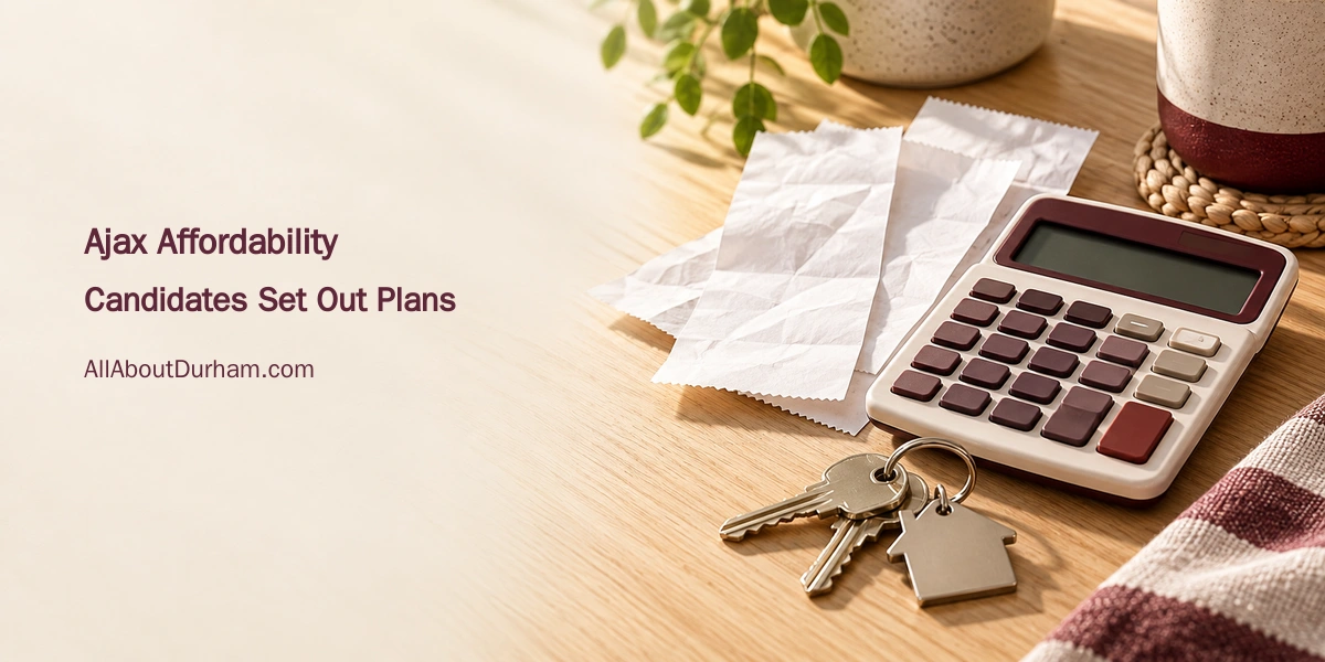 Conceptual editorial illustration of household keys and a calculator on a kitchen table, representing Ajax affordability proposals.