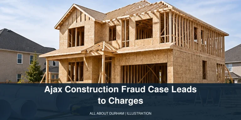 Original illustration of an unfinished suburban house and building plans; Ajax construction fraud charges