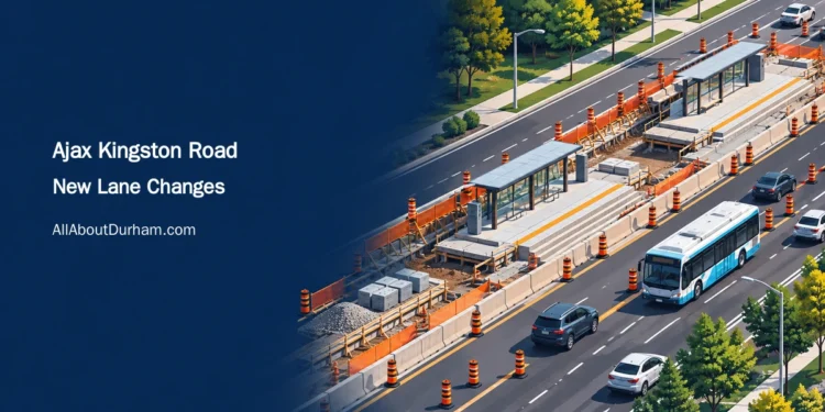 Original conceptual illustration of a suburban road work zone with cones, a bus and central transit construction; not a photograph or final project design.