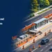 Original conceptual illustration of a suburban road work zone with cones, a bus and central transit construction; not a photograph or final project design.