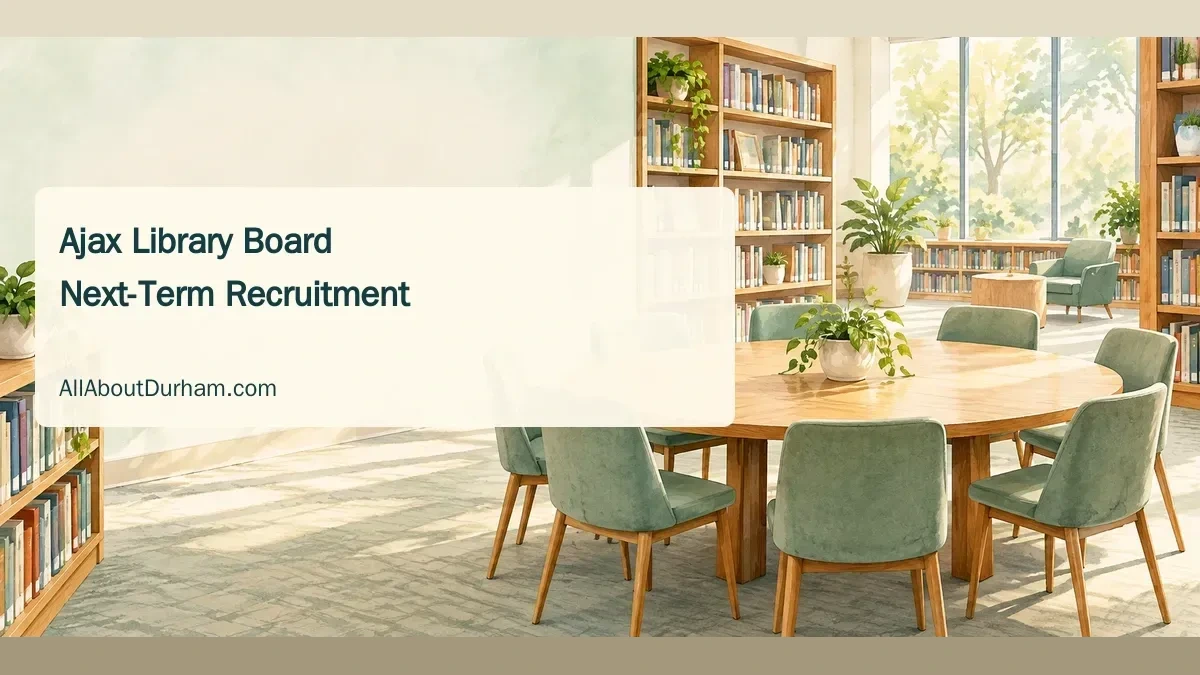 Original conceptual editorial illustration of an empty library meeting table and bookshelves; not the actual Ajax Library Board or premises.