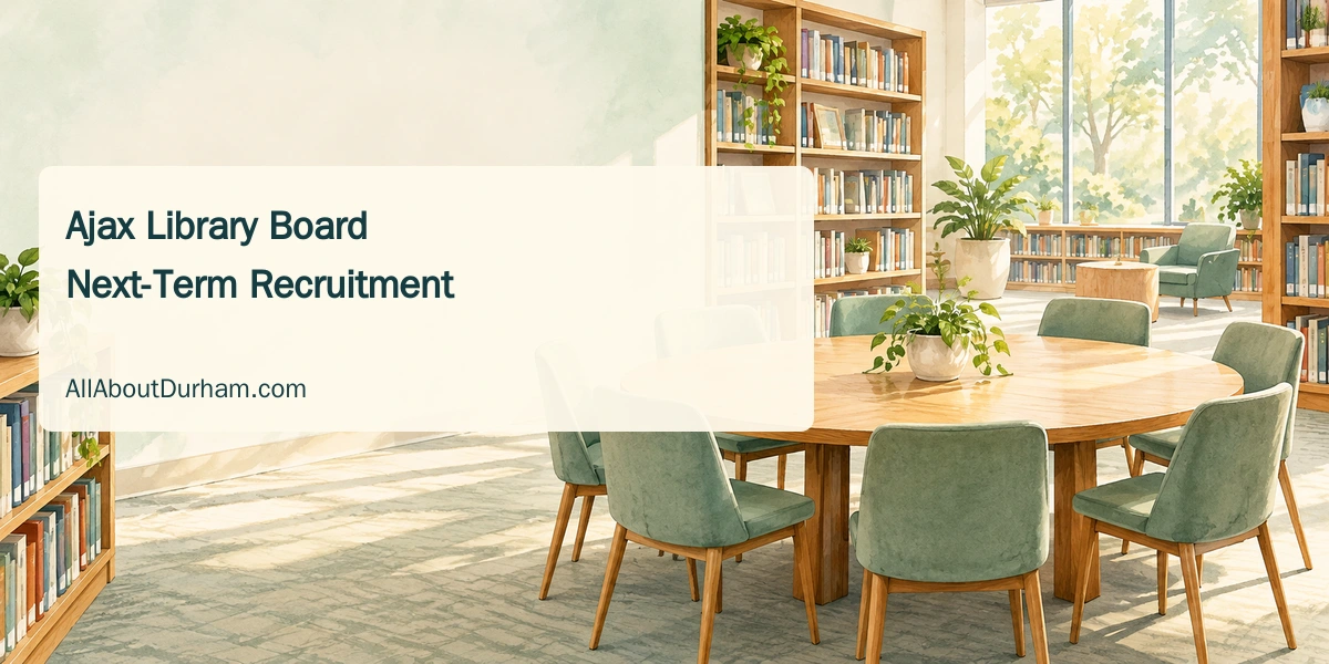 Original editorial illustration of an empty library meeting table and bookshelves; not an image of the actual Ajax library board or premises.