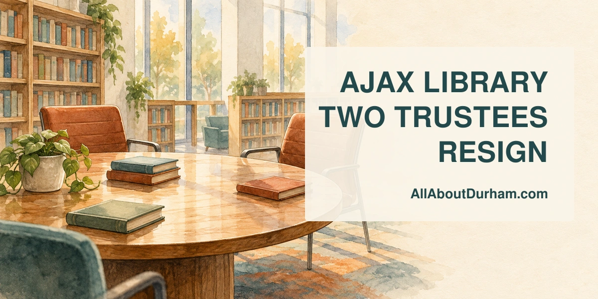 Original watercolour editorial illustration of a library meeting table with two empty chairs and unmarked books; not a depiction of an actual Ajax board meeting.