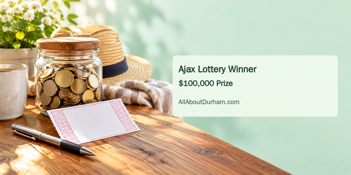 Conceptual editorial illustration of a blank lottery ticket, pen and savings jar; not the winner or the actual winning ticket.