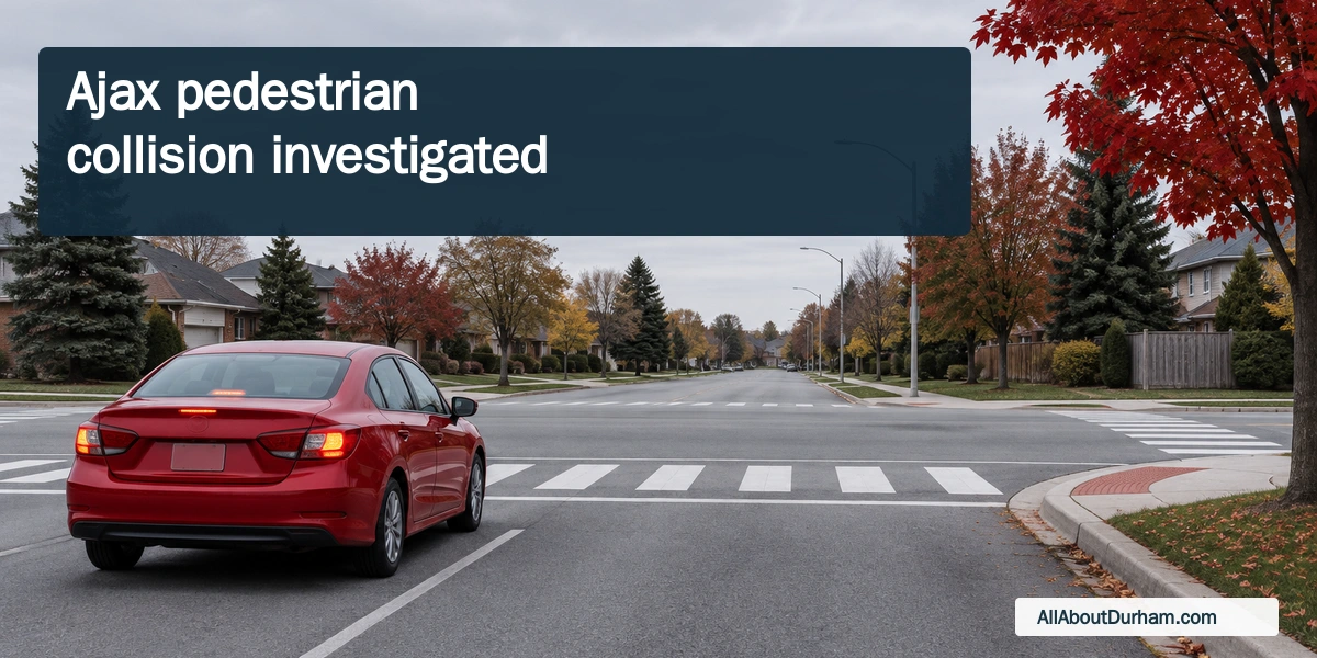 Conceptual editorial illustration of a red sedan stopped near a generic suburban crosswalk; not the collision scene.