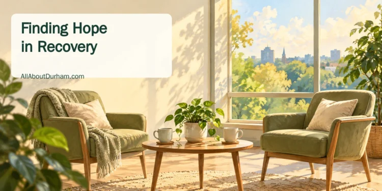 Conceptual editorial illustration of two empty chairs, cups and a plant in a sunlit community room, symbolizing support and connection; no patient is depicted.