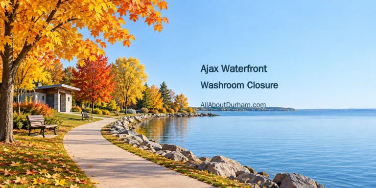 Original conceptual illustration of an autumn lakeside path and a generic public amenity building; not a photograph of Veteran’s Point.