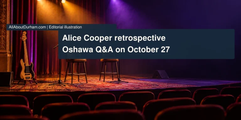 Editorial illustration: two empty interview stools, microphones and an unbranded bass on a generic theatre stage.