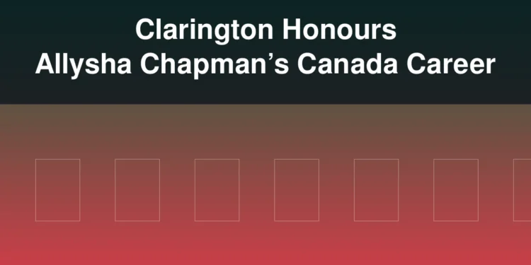 Illustration of a soccer field with the headline Clarington Honours Allysha Chapman’s Canada Career