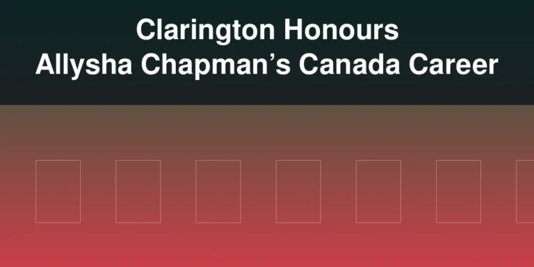 Illustration of a soccer field with the headline Clarington Honours Allysha Chapman’s Canada Career