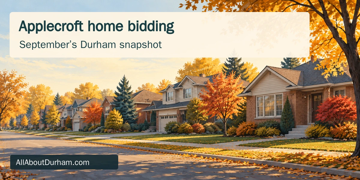 Original editorial illustration of generic Ontario suburban homes and autumn trees, representing the Ajax housing market; not an actual Applecroft street.