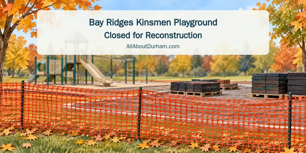 Original editorial illustration of a generic autumn playground behind construction fencing; not a photograph of Bay Ridges Kinsmen Park.