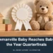 Original illustration of nursery toys and a blank rosette, with the Bowmanville baby quarterfinal headline; no real child is depicted.