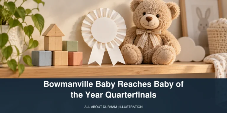 Original illustration of nursery toys and a blank rosette, with the Bowmanville baby quarterfinal headline; no real child is depicted.