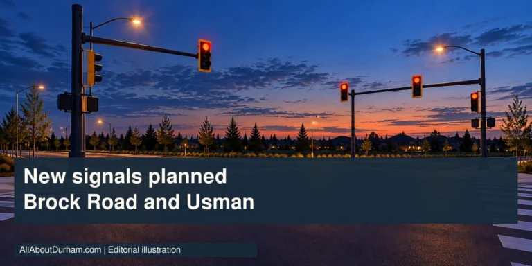 Editorial illustration: a generic empty suburban intersection with signal poles; not a final project design.