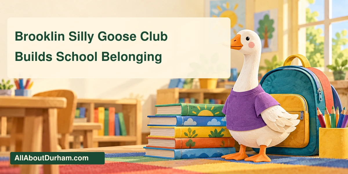 Original editorial illustration of a decorative goose in a plain purple shirt beside books and a backpack; not a photograph of the school.
