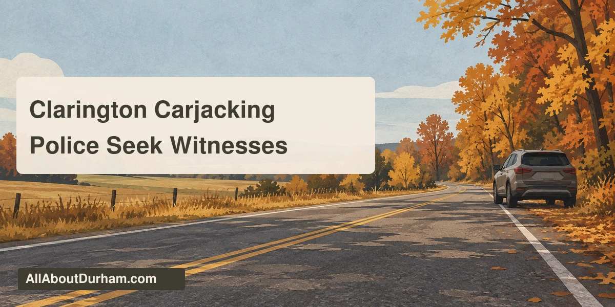Original editorial illustration of a generic SUV on a quiet autumn rural road; not the actual vehicle or crime scene.