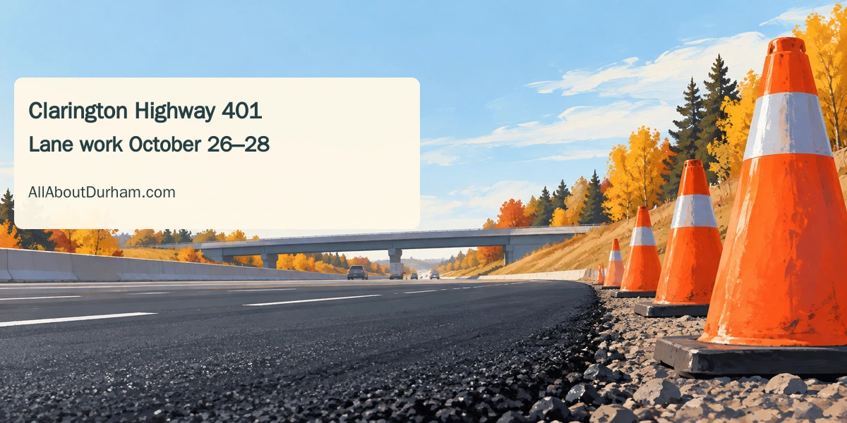 Original conceptual editorial illustration of traffic cones beside highway asphalt and an overpass in autumn; not a photograph of Clarington construction.