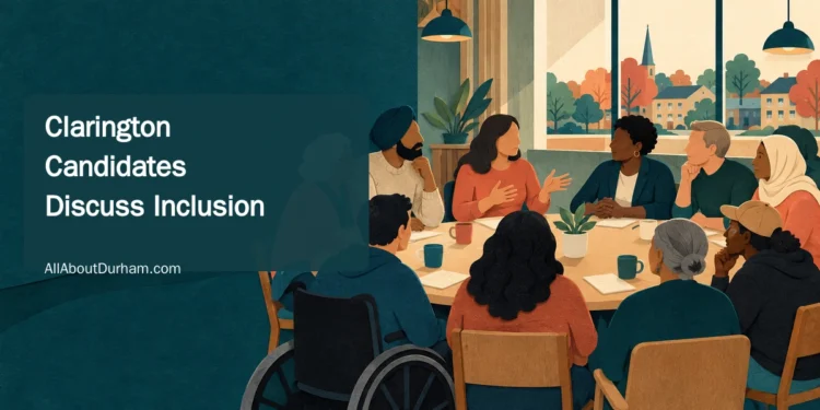 Conceptual cut-paper editorial illustration of diverse neighbours around a community table; no real candidates or meeting participants are depicted.