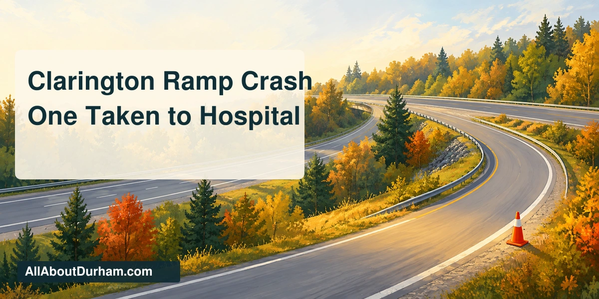 Conceptual aerial painting of a generic curved highway ramp among autumn trees; not a literal map or evidence from the collision.