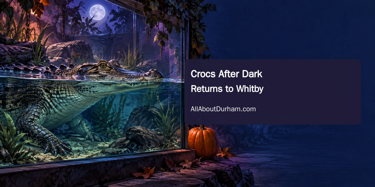 Original editorial illustration of a calm crocodilian in a softly lit generic habitat with an autumn pumpkin outside, representing an after-hours zoo programme.