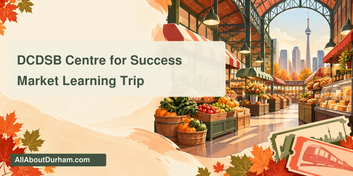 Original editorial illustration of colourful generic food-market stalls and rail-ticket shapes; not a photograph of the students or actual outing.
