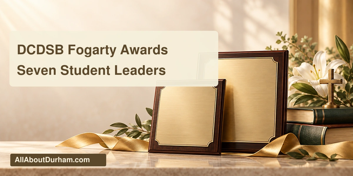 Original editorial illustration of blank award plaques, books and a small plain cross; no real students or official award replicas.
