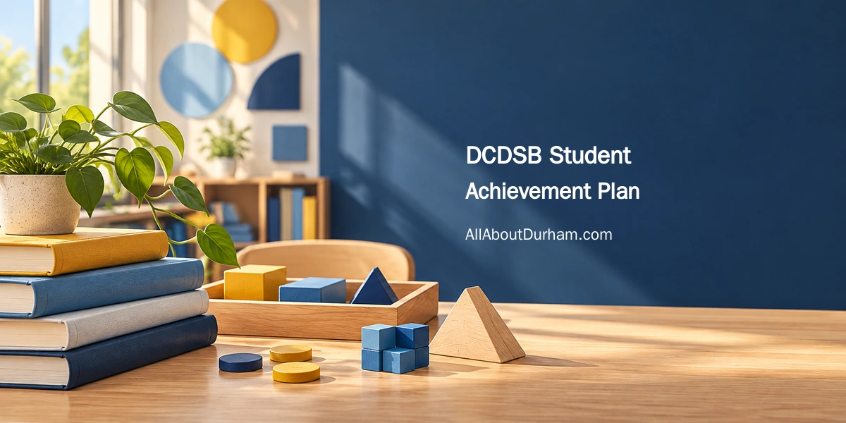 Original editorial illustration of classroom books, mathematics materials and a plant; not a photograph of a Durham Catholic school.