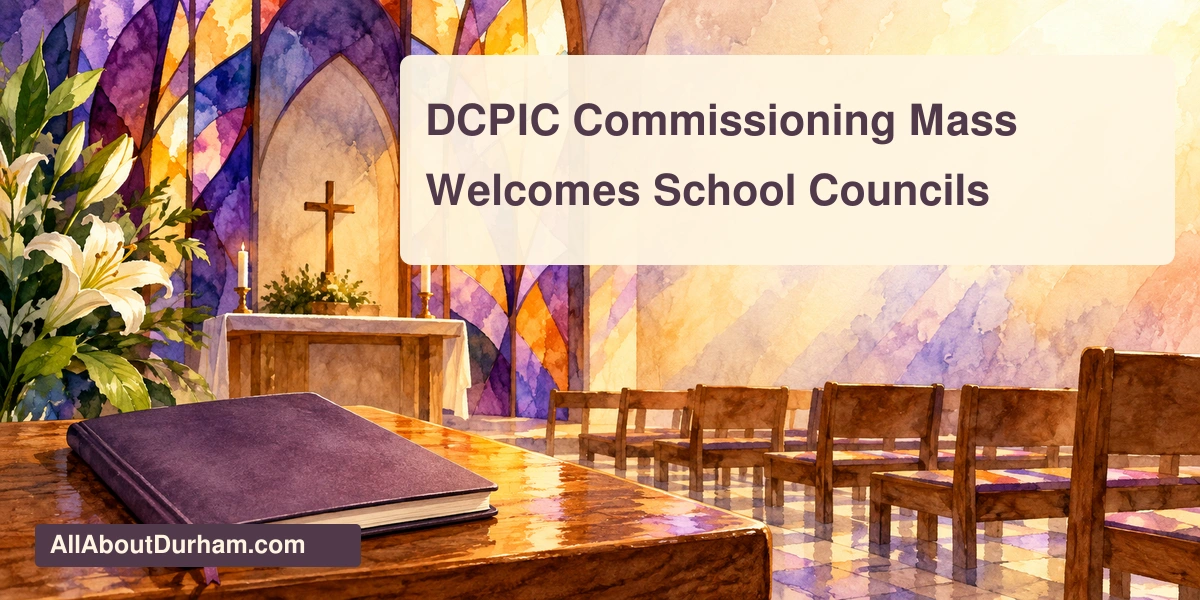 Original editorial illustration of empty chapel chairs, abstract stained glass and a notebook symbolizing parent-school collaboration; not an actual event photograph.
